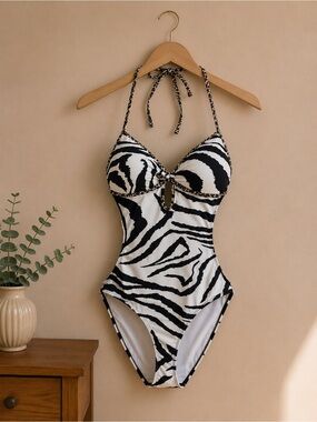 Skye Zebra Print Cut Out One Piece Swimsuit Leopard Trim Halter Monokini Medium